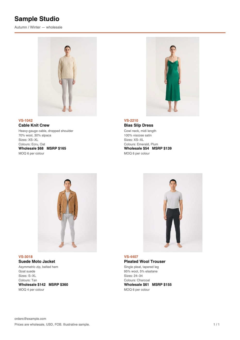 A four-up wholesale line sheet page with style numbers, pricing and size runs